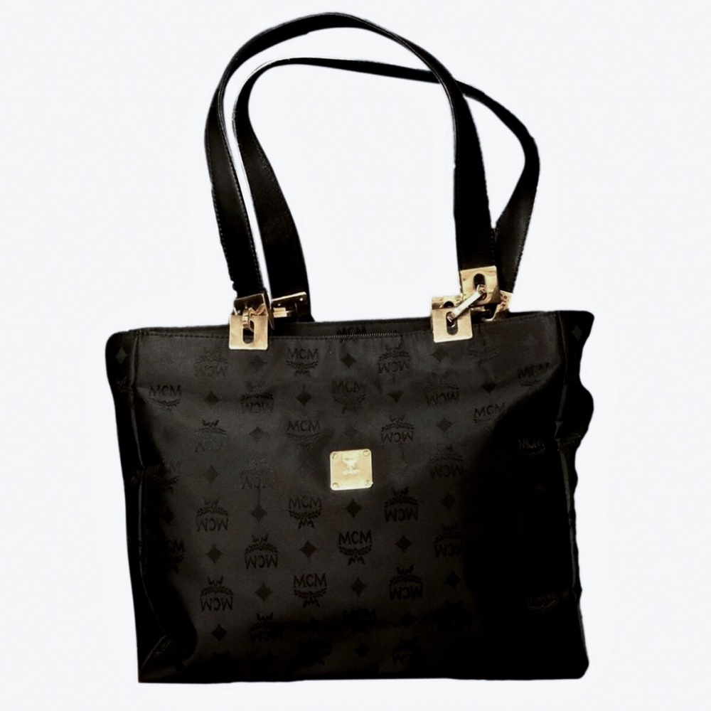 MCM Black and Gold Monogram Shoulder Bag with Top Zipper Closure German